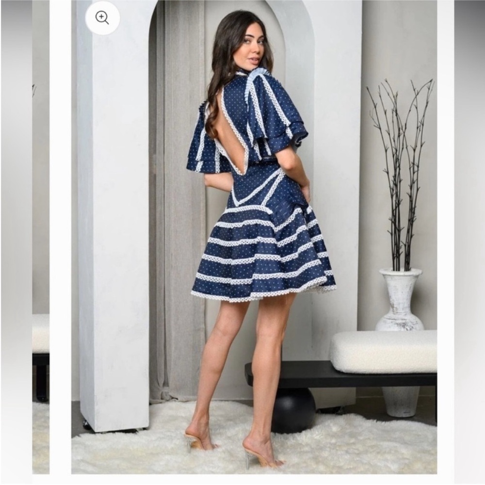 Athina NWT Navy White Embroidered Flared Sleeve Ruffle Neck Open Back Dress - L